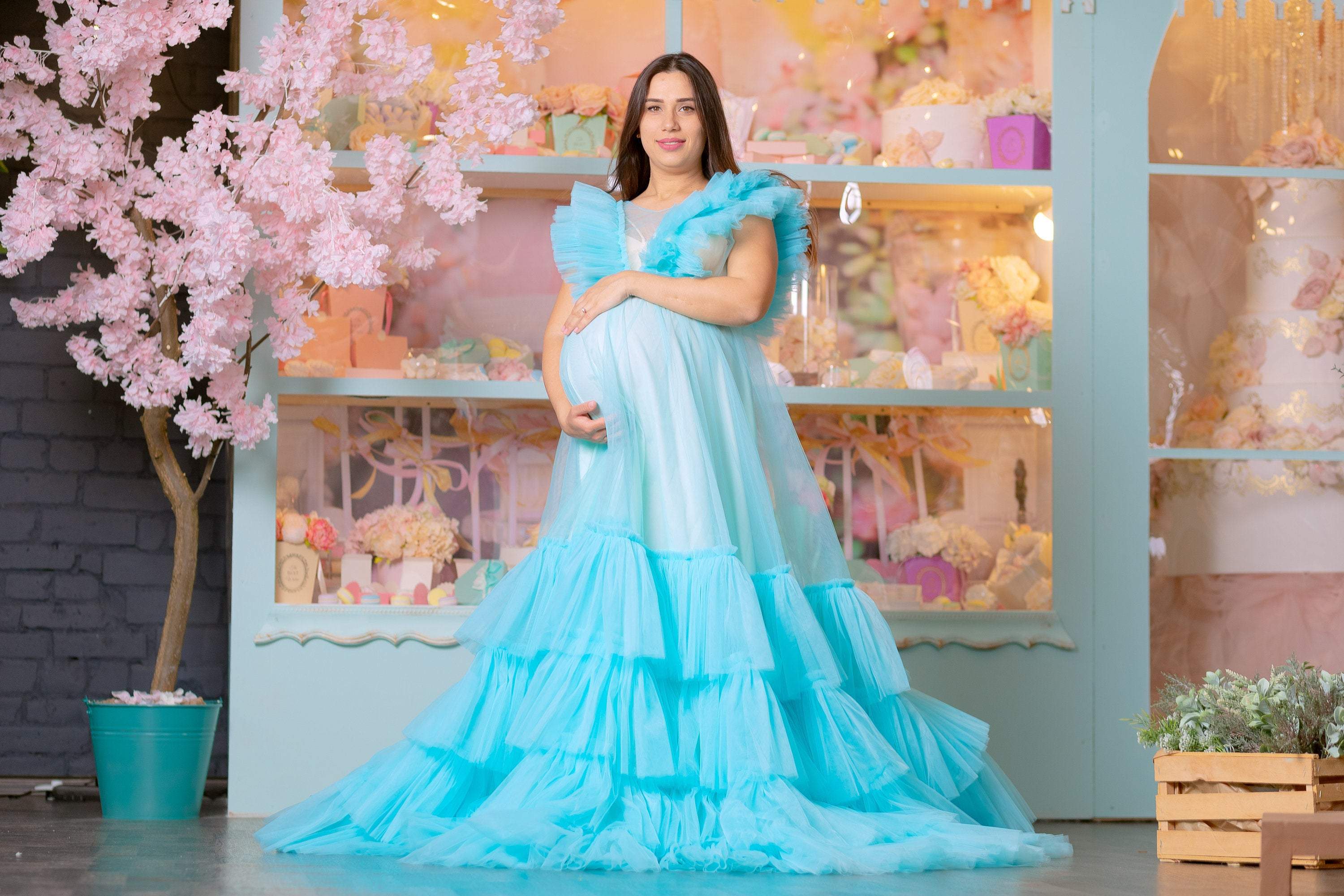 Aqua Blue Tulle Maternity Ruffle Gown ...